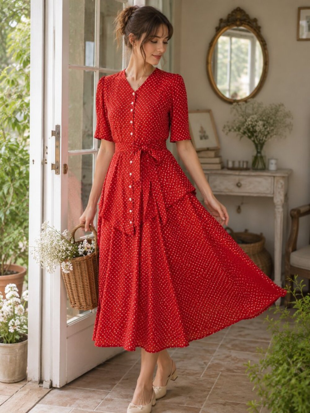 Coquette Vintage Bow Print Belted Peplum Midi Dress A La Page